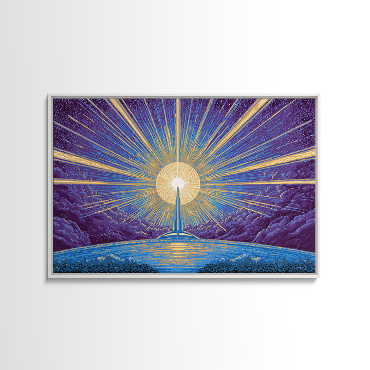 Radiant Rocket Sunrise Wall Art, Retro Sci Fi Poster, Mid Century Modern Art Print, Blue Yellow Space Decor, Space Abstract Art