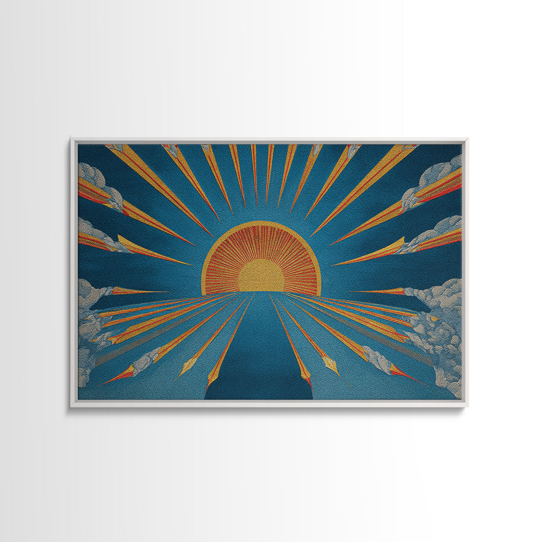 Embroidered Sunburst Canvas Print, Mid Century Modern Wall Art, Retro Sun Poster, Teal Orange Textile Style Home Decor Print