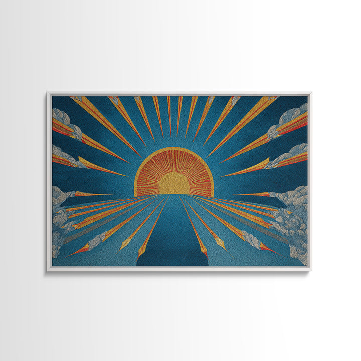 Embroidered Sunburst Canvas Print, Mid Century Modern Wall Art, Retro Sun Poster, Teal Orange Textile Style Home Decor Print