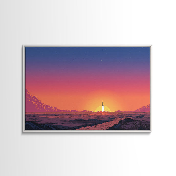 Rocket Sunset Landscape Wall Art, Retro Sci Fi Poster, Mid Century Modern Print, Orange Pink Desert Decor, Space Travel Art