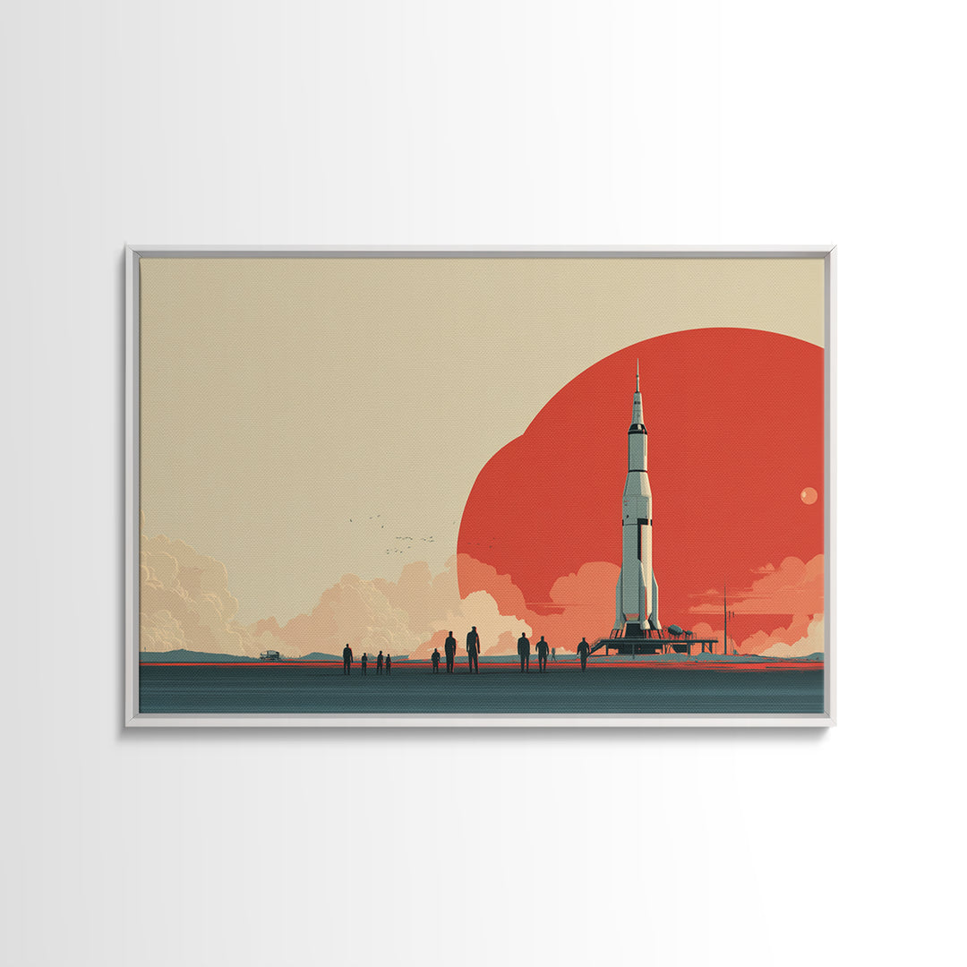 Minimal Rocket Red Sun Framed Canvas Print, Mid Century Modern Wall Art, Space Age Poster, Palm Springs Colors, Retro Decor