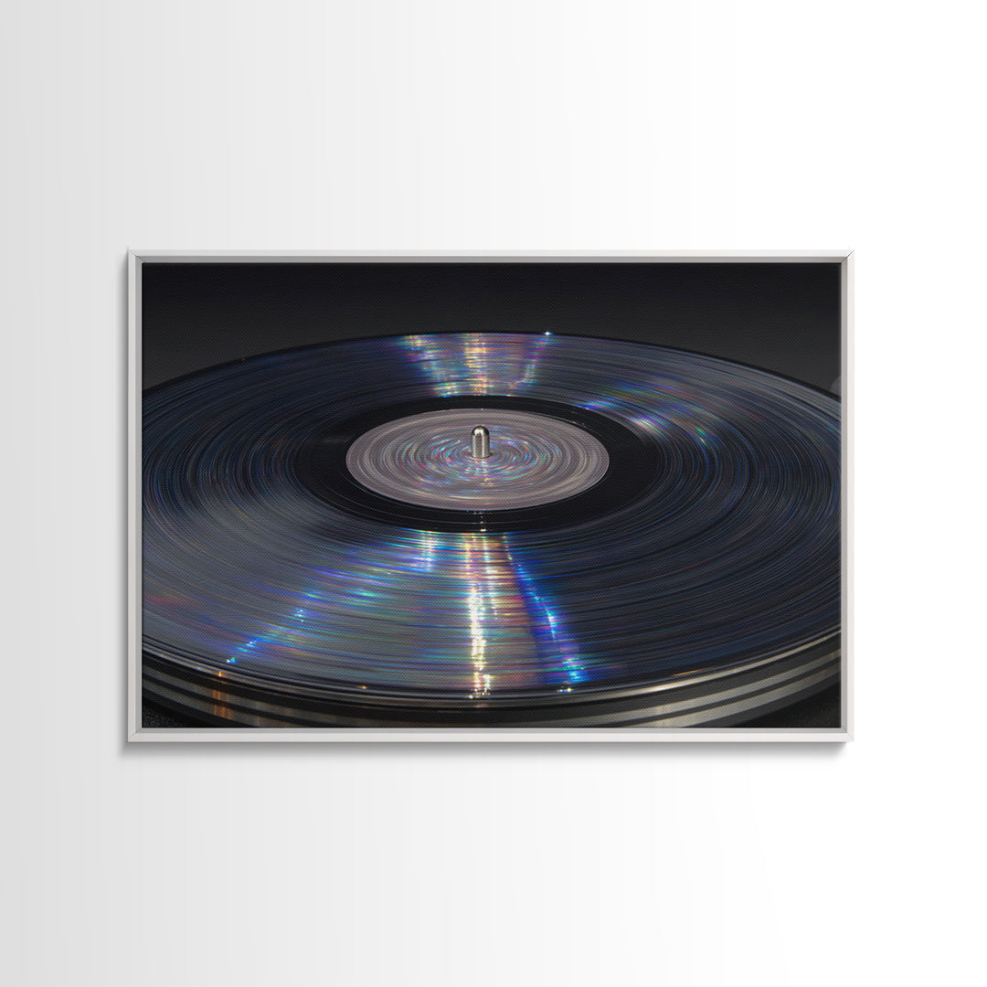 Iridescent Vinyl Record Macro Wall Art, Modern Music Photography Print, Retro Turntable Decor, Minimal Black Home Decor