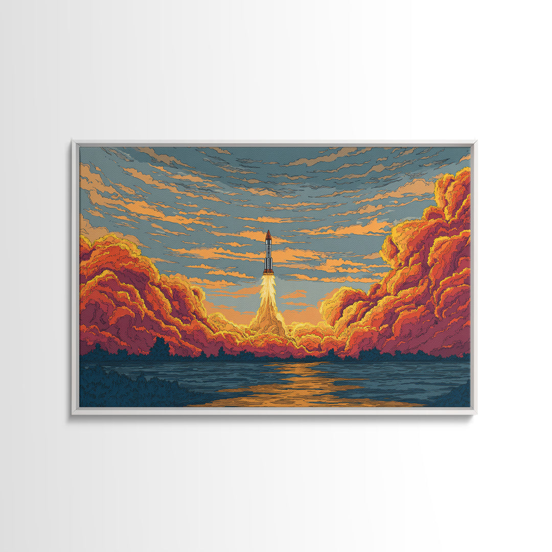 Rocket Launch Clouds Canvas Print, Retro Sci Fi Wall Art, Mid Century Modern Poster, Orange Blue Landscape Decor, Space Art Print