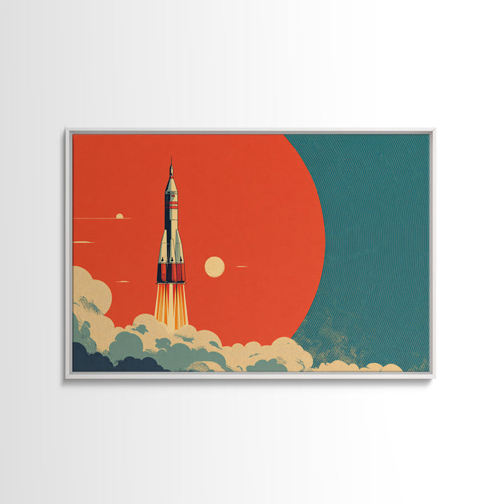Retro Rocket Launch At Orange Planet, Midcentury Modern Wall Art, Space Poster, Sci Fi Print, Atomic Decor For Living Room