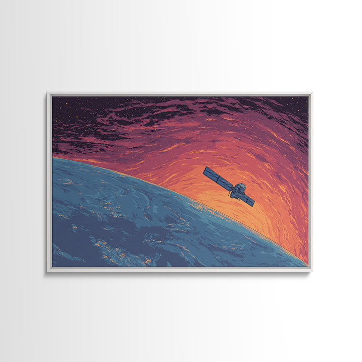 Satellite Over Blue Planet At Sunset, Retro Sci Fi Wall Art, Midcentury Modern Art Print, Space Poster For Home Office Decor