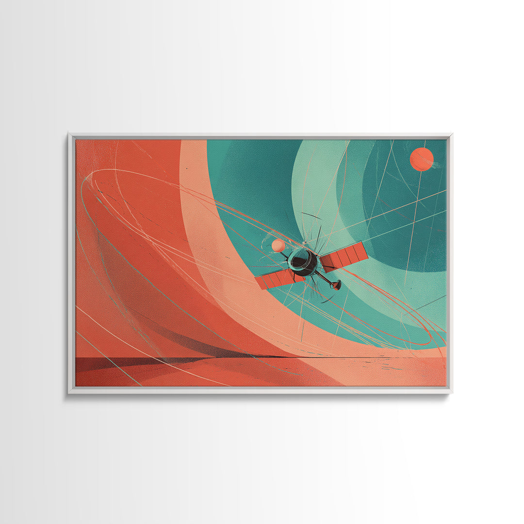 Abstract Satellite Orbit With Coral Teal Planets, Canvas Print, Midcentury Modern Wall Art, Geometric Space Poster Decor