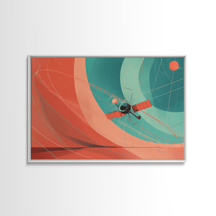 Abstract Satellite Orbit With Coral Teal Planets, Canvas Print, Midcentury Modern Wall Art, Geometric Space Poster Decor