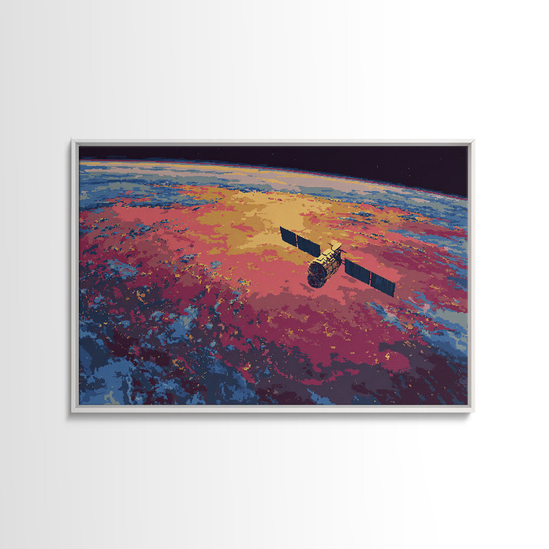 Colorful Satellite Above Pink Blue Earth, Midcentury Modern Wall Art, Retro Sci Fi Poster, Large Canvas Print For Office