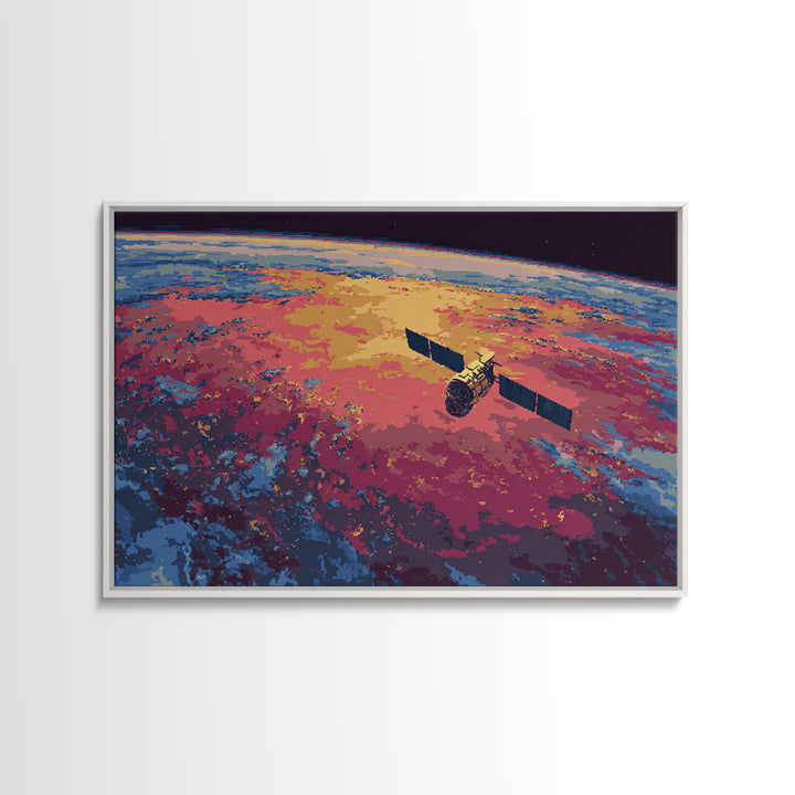 Colorful Satellite Above Pink Blue Earth, Midcentury Modern Wall Art, Retro Sci Fi Poster, Large Canvas Print For Office