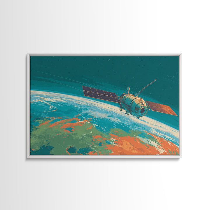 Teal Satellite Above Earth Horizon, Canvas Print, Midcentury Modern Wall Art, Retro Space Poster, Modern Home Office Decor