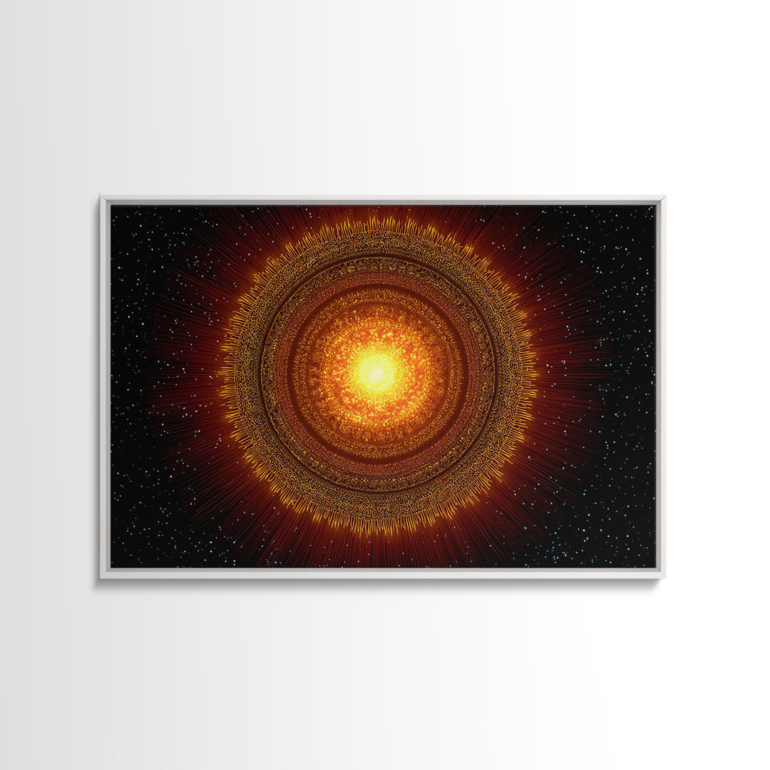 Radiant Orange Sun Star Mandala In Space, Midcentury Modern Wall Art, Cosmic Abstract Canvas Print, Spiritual Decor For Living Room