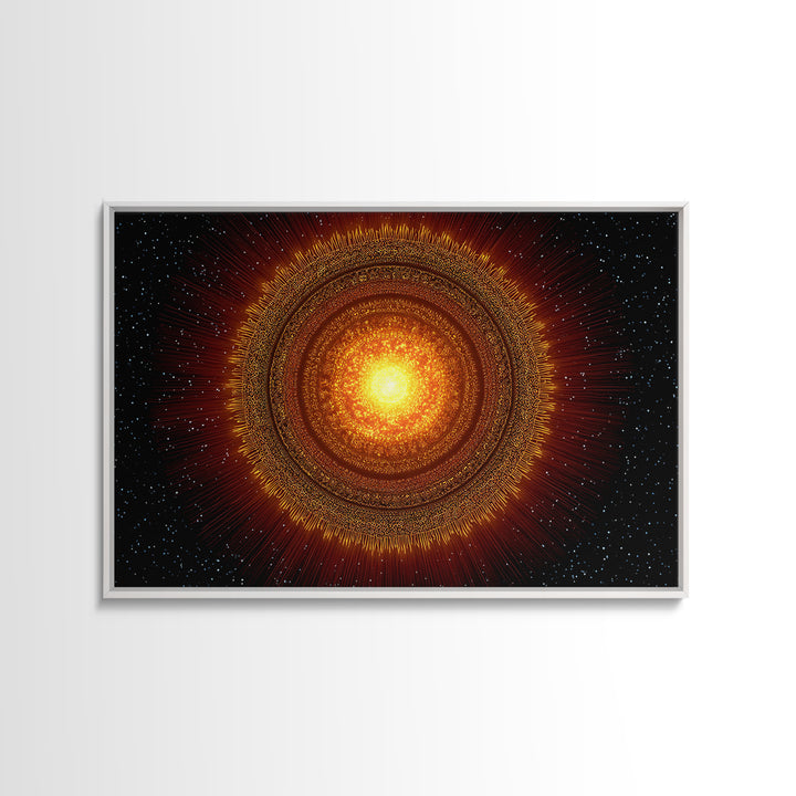 Radiant Orange Sun Star Mandala In Space, Midcentury Modern Wall Art, Cosmic Abstract Canvas Print, Spiritual Decor For Living Room