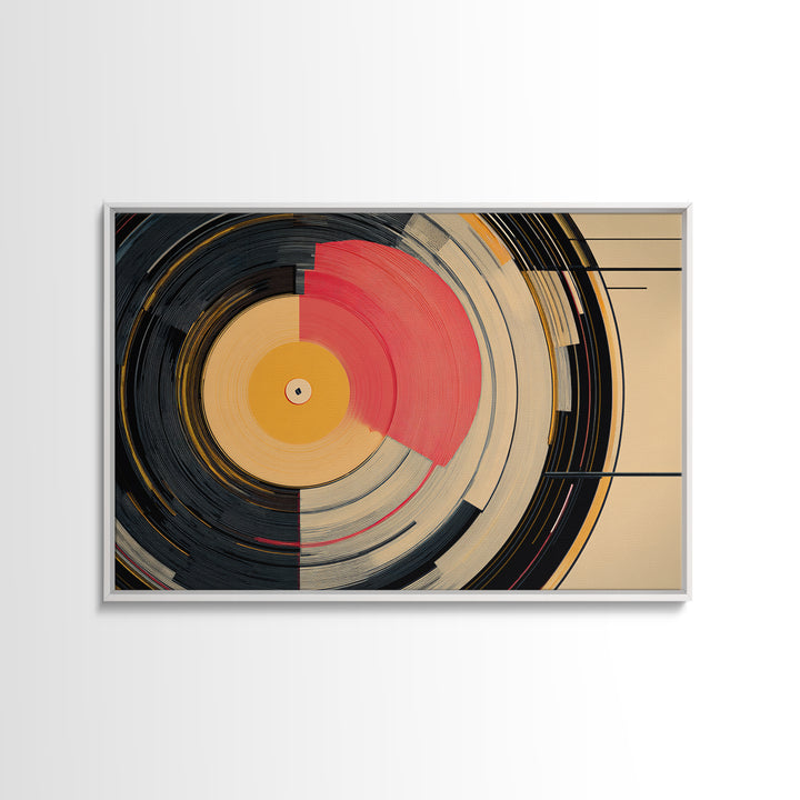 Coral And Gold Vinyl Circles Framed Canvas Print, Mid Century Modern Wall Decor, Abstract Record Art, Bold MCM Home Art Poster