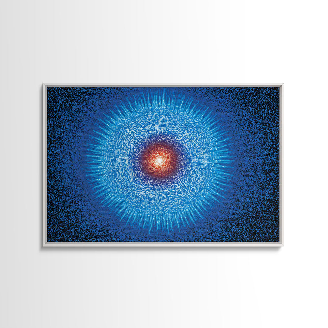 Electric Blue Cosmic Sun Burst, Abstract Wall Art, Midcentury Modern Canvas Print, Space Poster For Modern Home Office Decor
