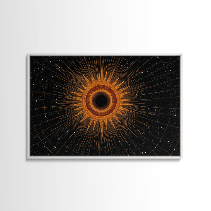 Orange Eclipse Starburst In Black Space Wall Art, Midcentury Modern Art Print, Atomic Retro Decor, Cosmic Abstract Poster