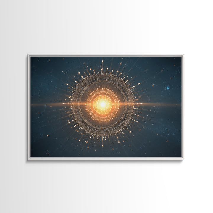 Glowing Golden Sun Mandala In Deep Space Canvas Print, Modern Abstract Art, Celestial Wall Decor, Midcentury Cosmic Poster