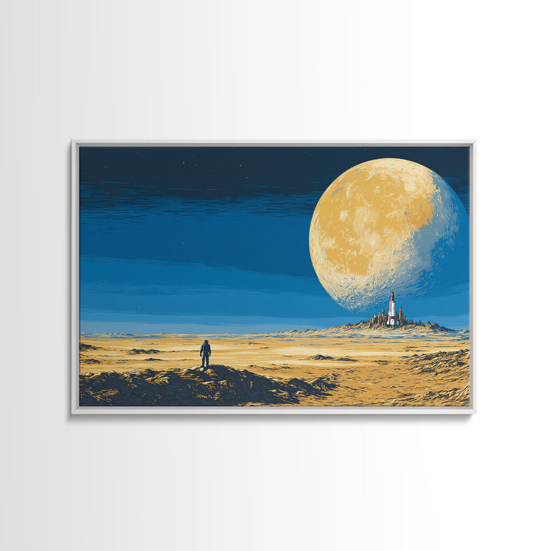 Lone Astronaut On Golden Moon Desert Wall Art, Retro Sci Fi Landscape Poster, Midcentury Modern Space Decor, Blue Yellow Print