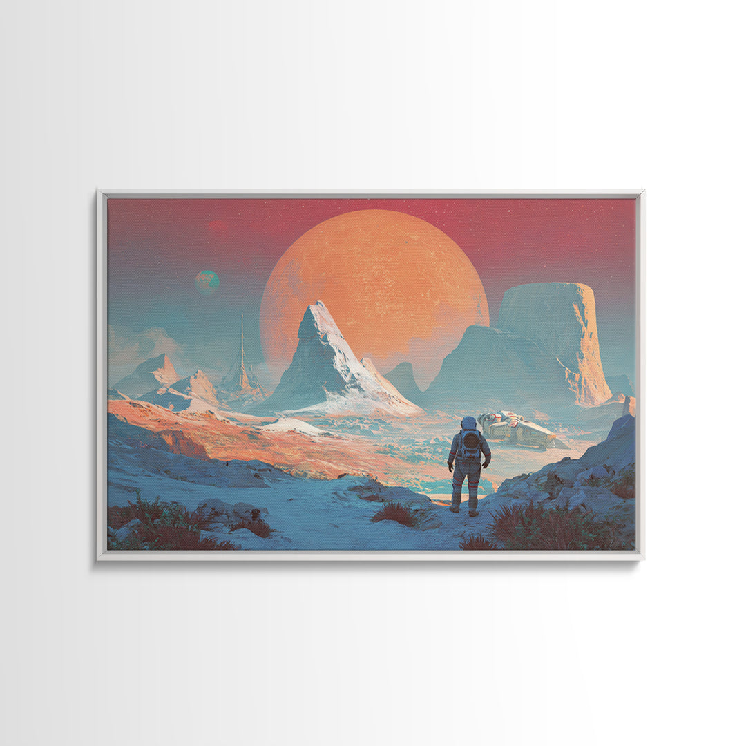 Pastel Astronaut Alien Planet Mountain Framed Canvas Print, Modern Sci Fi Wall Art, Pink Blue Landscape, Retro Space Decor
