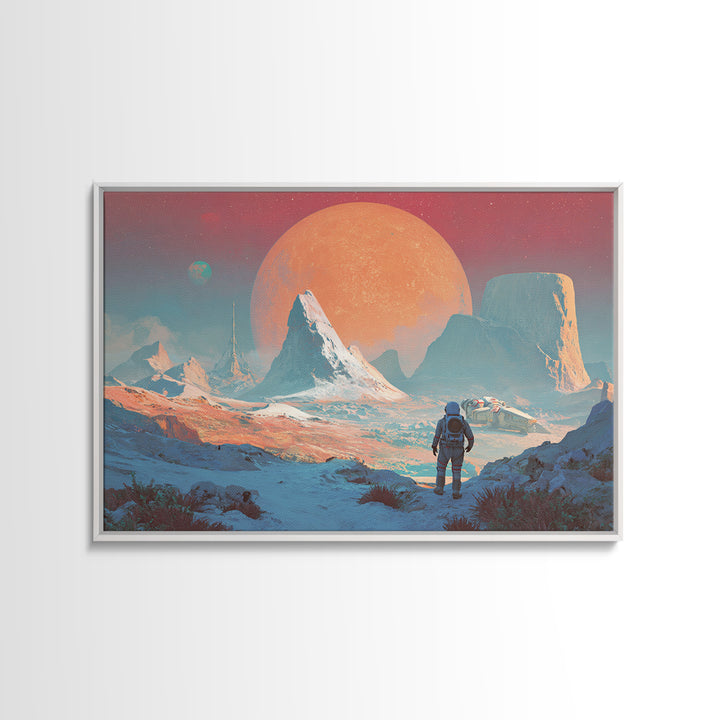 Pastel Astronaut Alien Planet Mountain Framed Canvas Print, Modern Sci Fi Wall Art, Pink Blue Landscape, Retro Space Decor