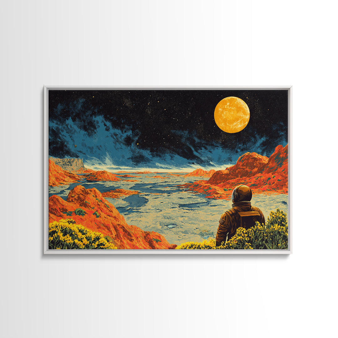 Astronaut On Orange Lunar Desert Wall Art, Retro Sci Fi Moon Poster, Midcentury Modern Art Print, Bold Space Landscape Decor