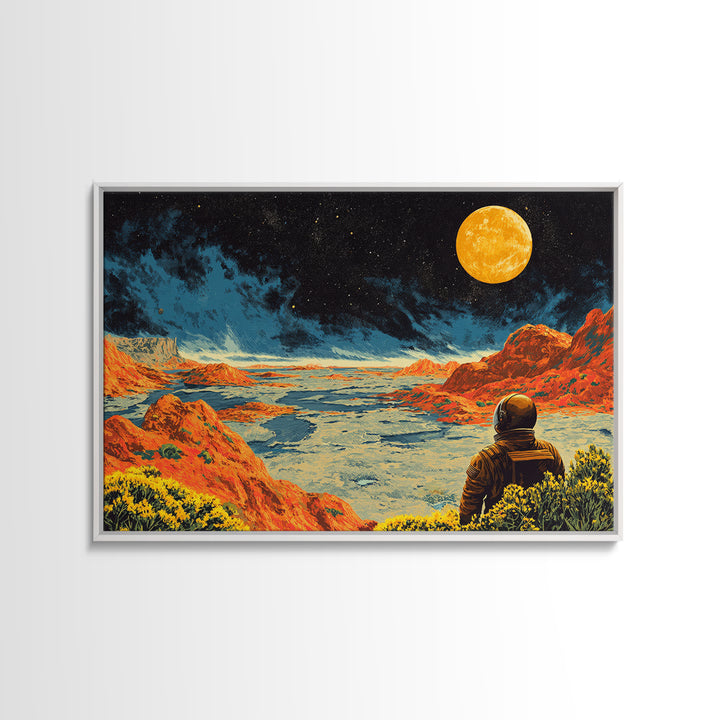 Astronaut On Orange Lunar Desert Wall Art, Retro Sci Fi Moon Poster, Midcentury Modern Art Print, Bold Space Landscape Decor