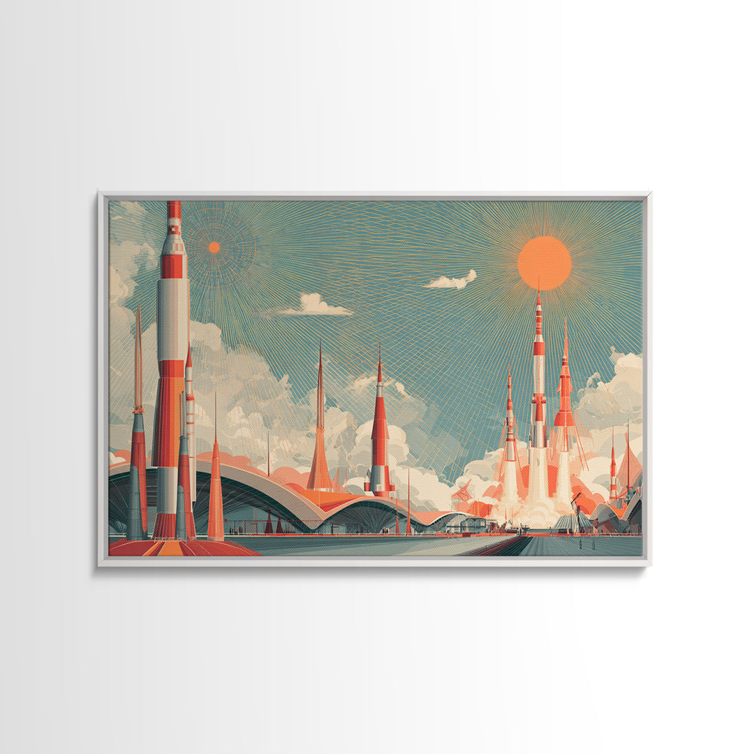 Retro Rocket City Launch With Orange Sun Wall Art, Midcentury Modern Space Poster, Atomic Architecture Decor, Teal Print