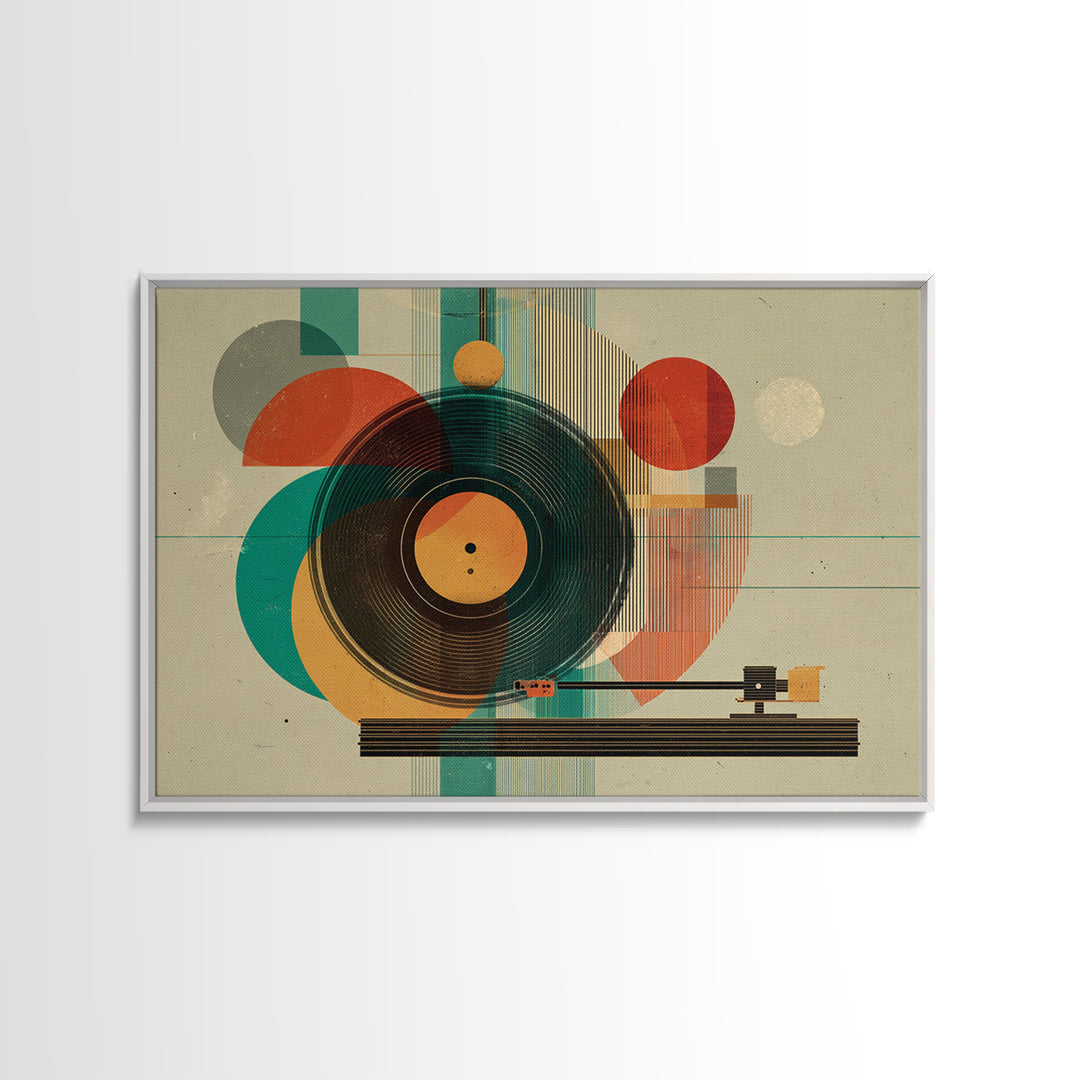 Teal Orange Geometric Turntable Wall Art, Mid Century Modern Record Player Decor, Abstract Music Poster, Retro MCM Print