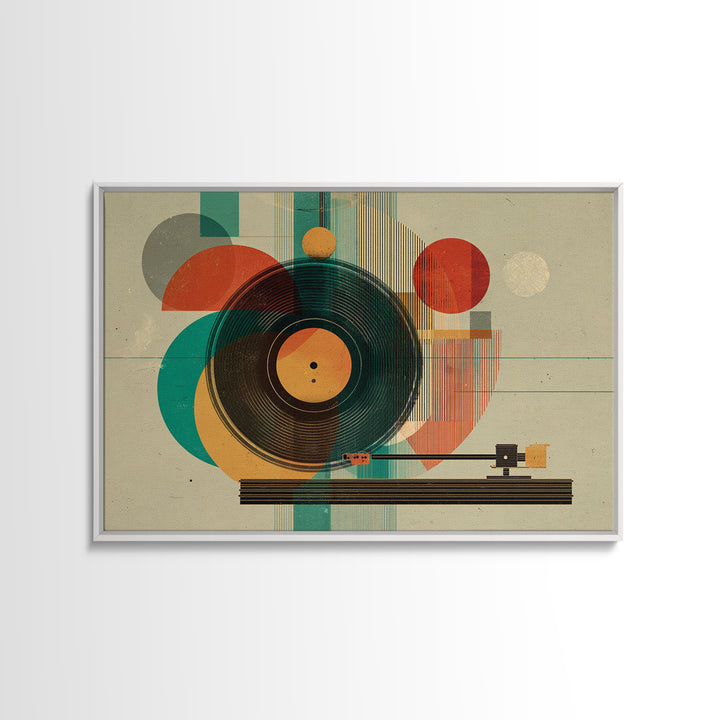 Teal Orange Geometric Turntable Wall Art, Mid Century Modern Record Player Decor, Abstract Music Poster, Retro MCM Print