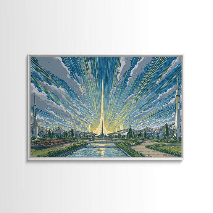 Futuristic Rocket Skyline At Sunrise Framed Canvas Print, Midcentury Modern Wall Art, Atomic City Poster, Blue Yellow Decor