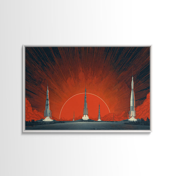 Rocket Sunscape Wall Art, Retro Futuristic Space Poster, Midcentury Modern Art Print, Large Atomic Orange MCM Wall Decor
