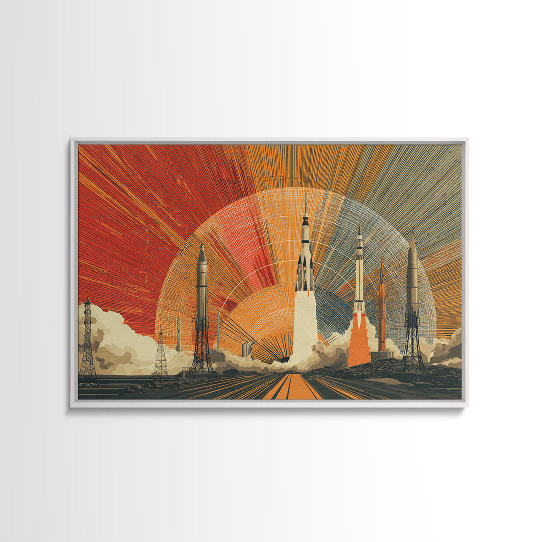 Rocket Launch Wall Art, Retro Space Race Poster, Midcentury Modern Art Print, Atomic Sunset Sci Fi Large MCM Office Decor