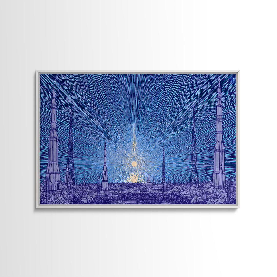 Blue Rocket Skyline Canvas Print, Retro Sci Fi Space Poster, Midcentury Modern Wall Art, Starry Atomic MCM Office Decor Print