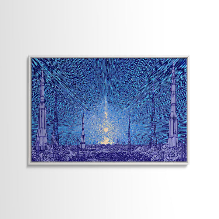 Blue Rocket Skyline Canvas Print, Retro Sci Fi Space Poster, Midcentury Modern Wall Art, Starry Atomic MCM Office Decor Print