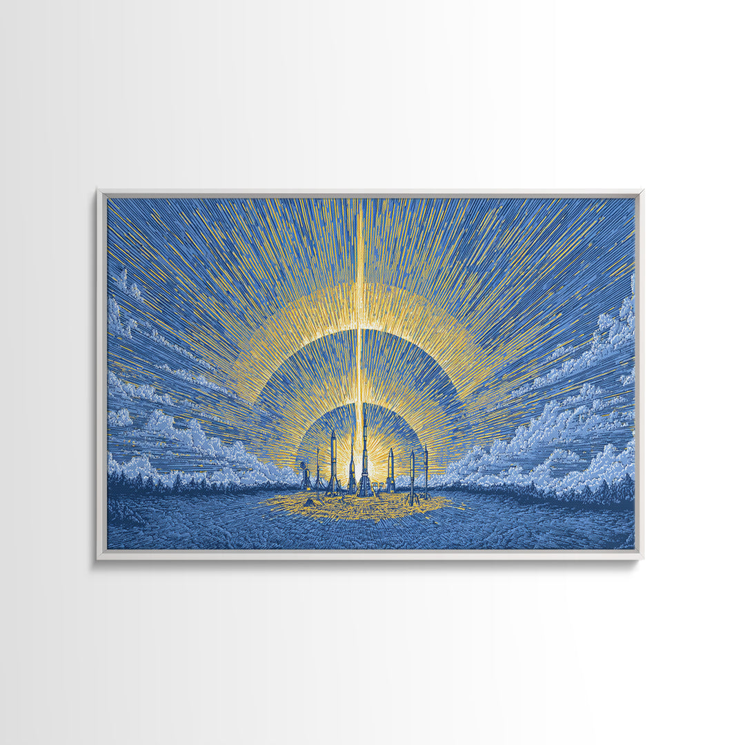 Blue Solar City Wall Art, Futuristic Sunrise Poster, Midcentury Modern Art Print, Retro Space Abstract Large MCM Home Decor