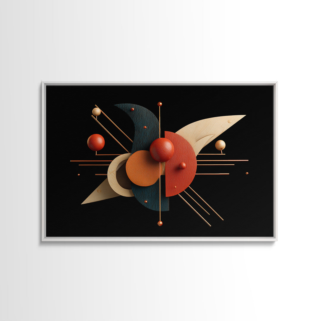 Atomic Sphere Sculpture Wall Art, Black Orange Geometric Canvas Print, Midcentury Modern Abstract Large Retro MCM Office Decor