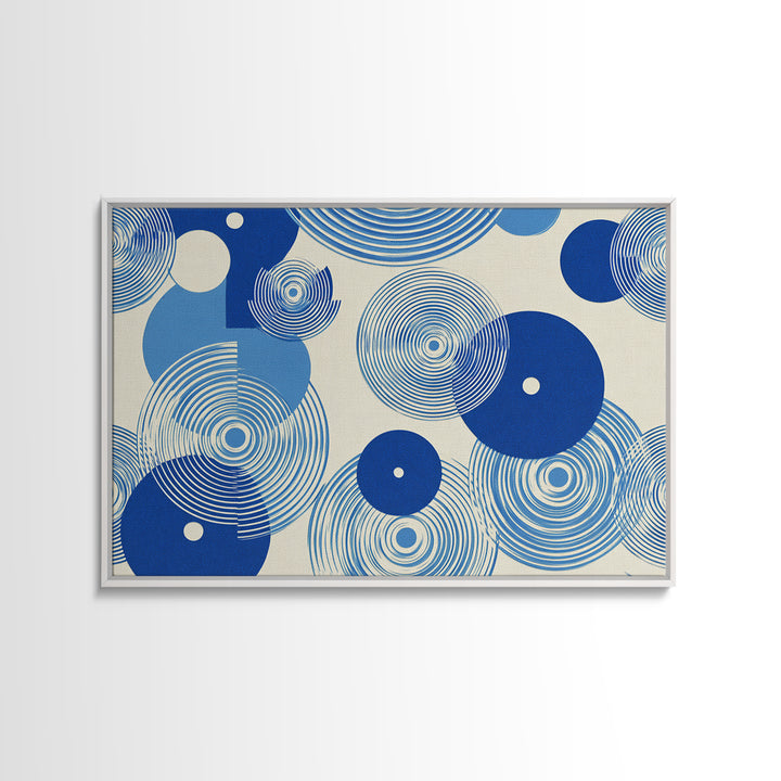 Blue Concentric Circle Pattern Canvas Print, Scandinavian Modern Wall Art, Geometric Abstract Decor, Minimal MCM Poster Print