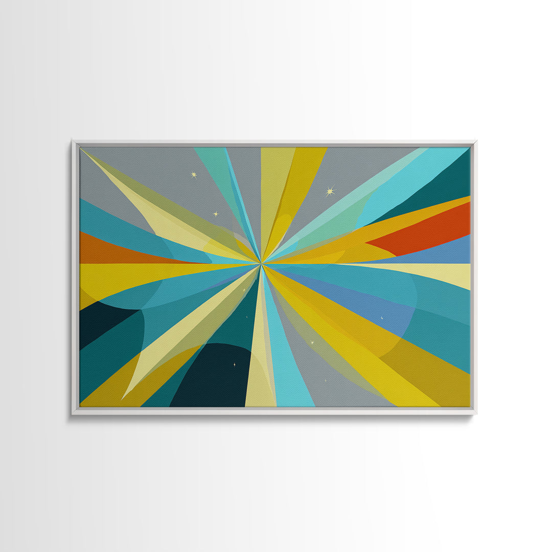 Radiant Starburst Wall Art, Blue Yellow Geometric Abstract Print, Midcentury Modern Decor, Retro MCM Large Living Room Decor