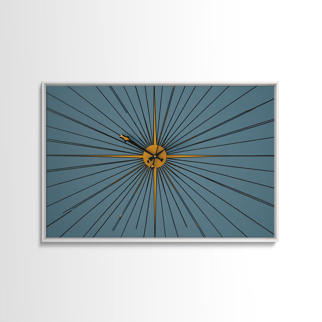 Minimal Gold Starburst Clock On Teal Wall Art, Mid Century Modern Decor, Atomic Geometric Art Print, Retro MCM Poster, Home Office Decor