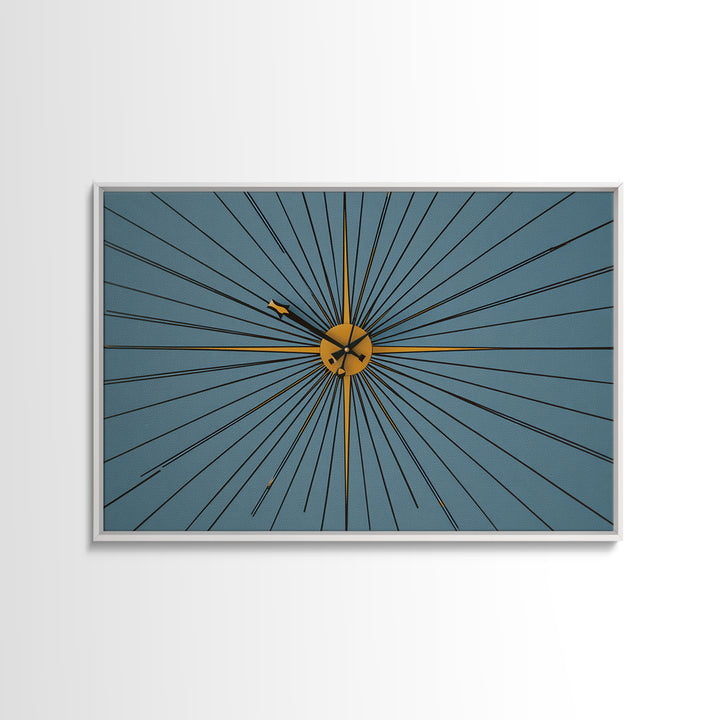Minimal Gold Starburst Clock On Teal Wall Art, Mid Century Modern Decor, Atomic Geometric Art Print, Retro MCM Poster, Home Office Decor