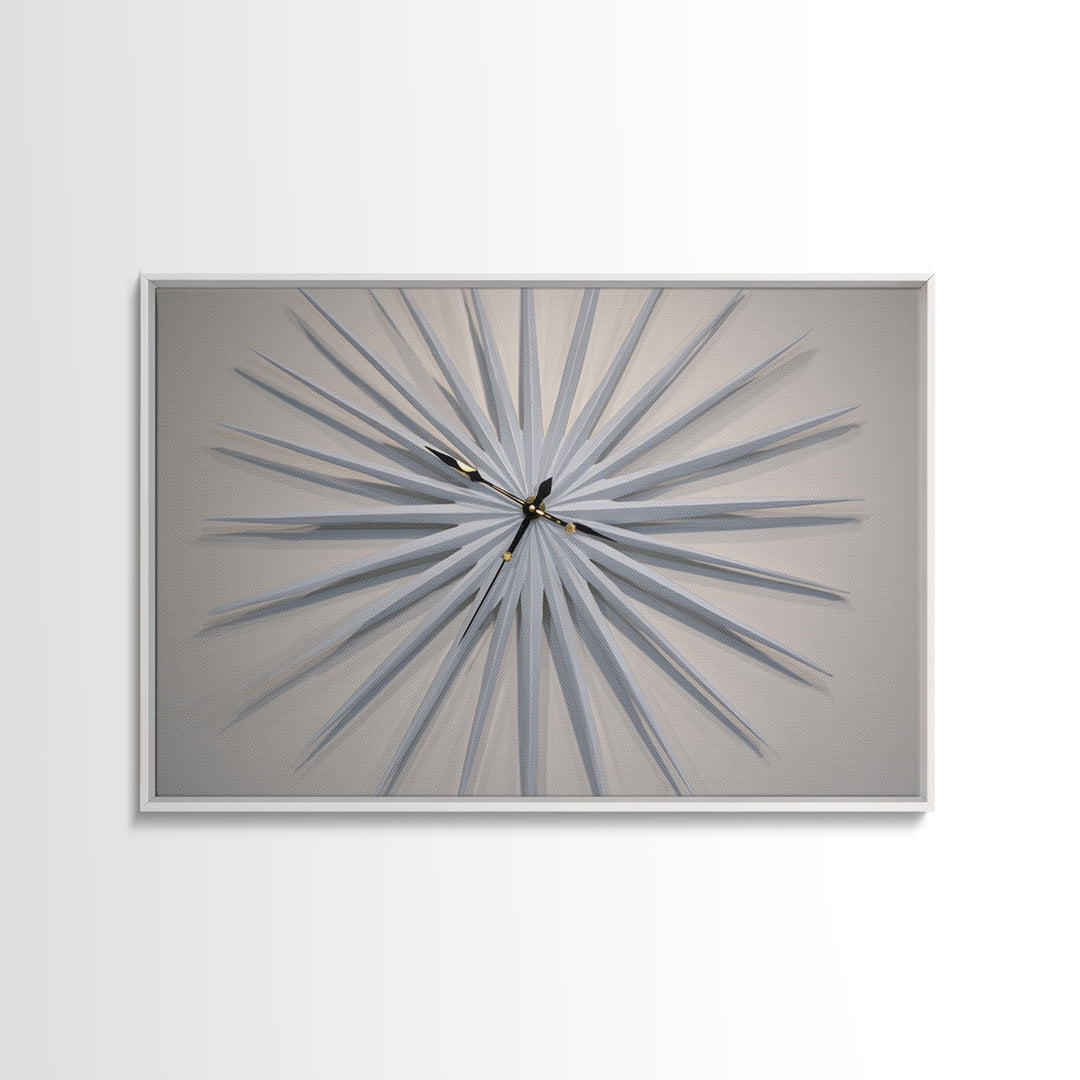 White Sculptural Starburst Clock Framed Canvas Print, Mid Century Modern Wall Decor, Minimalist MCM Art For Bedroom, Living Room Decor