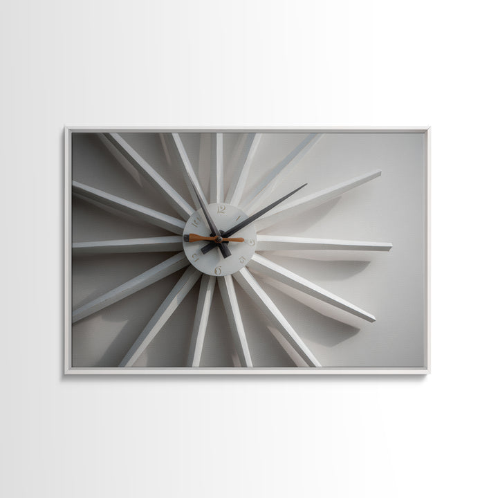 Close Up White Atomic Clock Canvas Print, Mid Century Modern Decor, Minimalist Wall Art, Retro MCM Living Room Poster Print