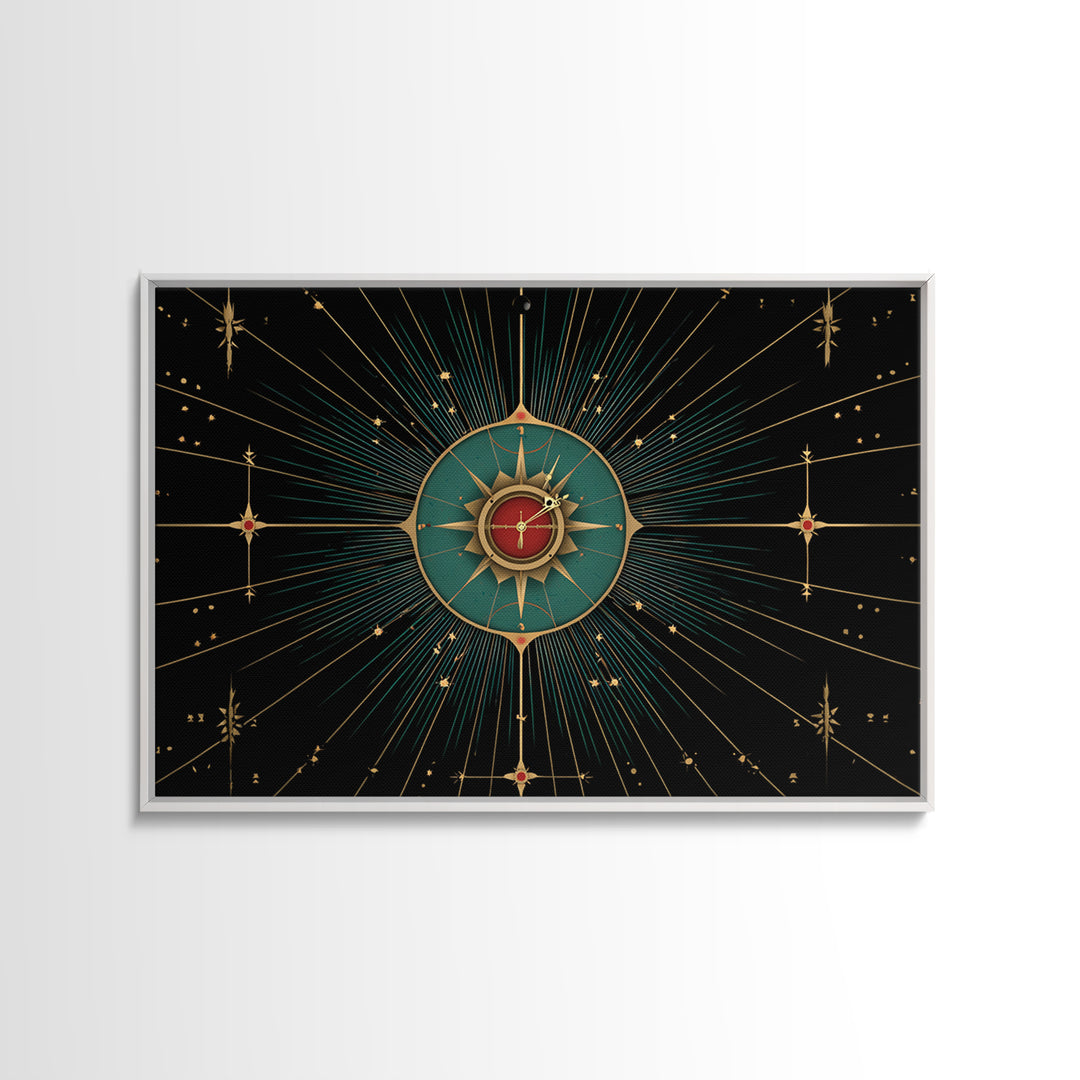 Celestial Teal Compass Clock Framed Canvas Print, Mid Century Modern Wall Decor, Atomic Starburst Art, Retro MCM Poster Print
