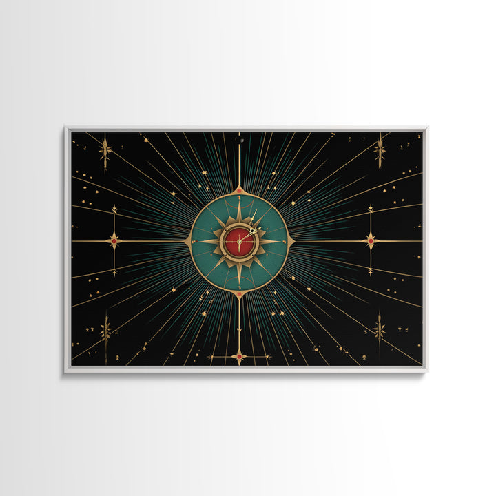 Celestial Teal Compass Clock Framed Canvas Print, Mid Century Modern Wall Decor, Atomic Starburst Art, Retro MCM Poster Print