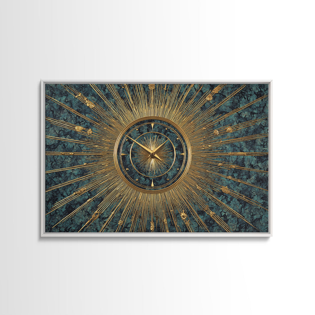Ornate Gold Starburst Clock On Blue Wall Art, Mid Century Modern Decor, Atomic Art Deco Poster, Elegant MCM Art Print, Home Decor