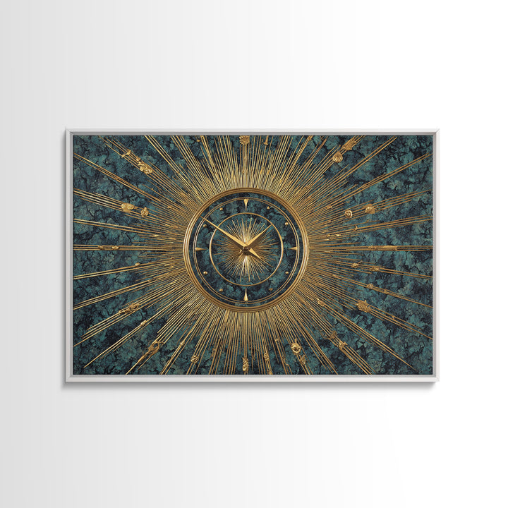 Ornate Gold Starburst Clock On Blue Wall Art, Mid Century Modern Decor, Atomic Art Deco Poster, Elegant MCM Art Print, Home Decor