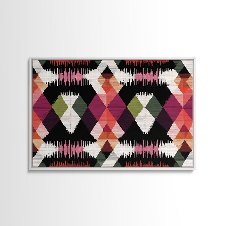Colorful Diamond Ikat Pattern Framed Canvas Print, Retro Geometric Wall Art, Boho Mid Century Decor, Bold Abstract Poster