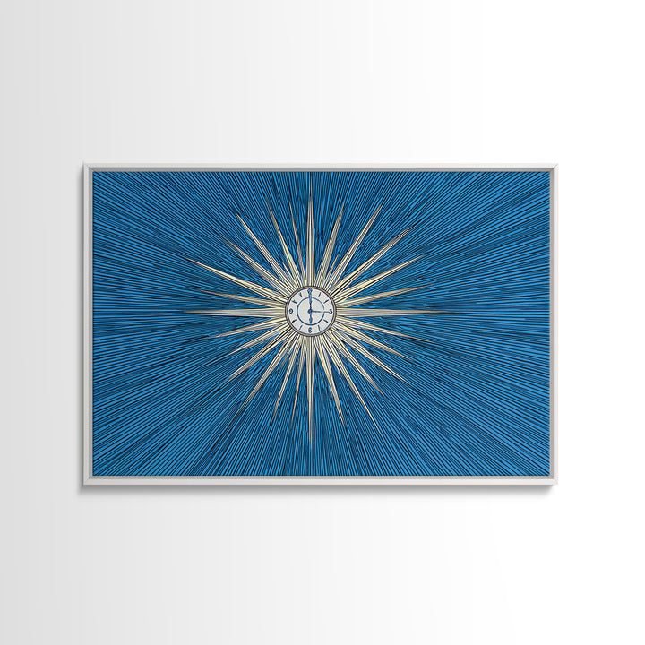 Blue White Radial Starburst Clock Canvas Print, Mid Century Modern Wall Decor, Atomic Retro Art Print, MCM Home Office Decor