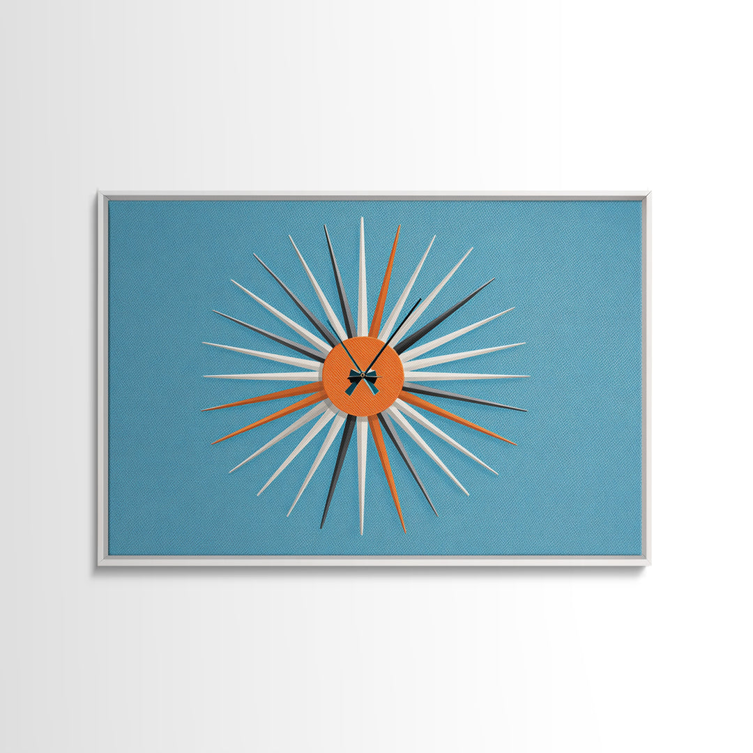 Orange Sunburst Clock On Blue Wall Art, Midcentury Modern Art, Atomic Starburst Print, Retro Wall Decor For Living Room Art