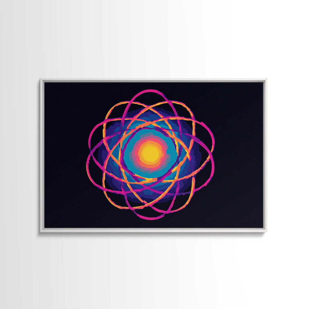 Glowing Rainbow Atom On Navy Framed Canvas Print, Bright Abstract Art, Modern Wall Art, Colorful Sci Fi Retro Poster Print