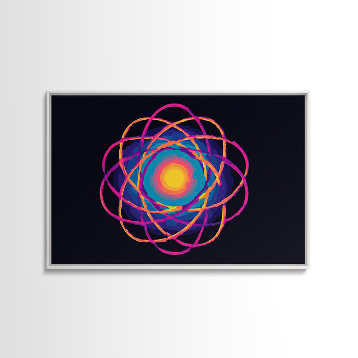 Glowing Rainbow Atom On Navy Framed Canvas Print, Bright Abstract Art, Modern Wall Art, Colorful Sci Fi Retro Poster Print